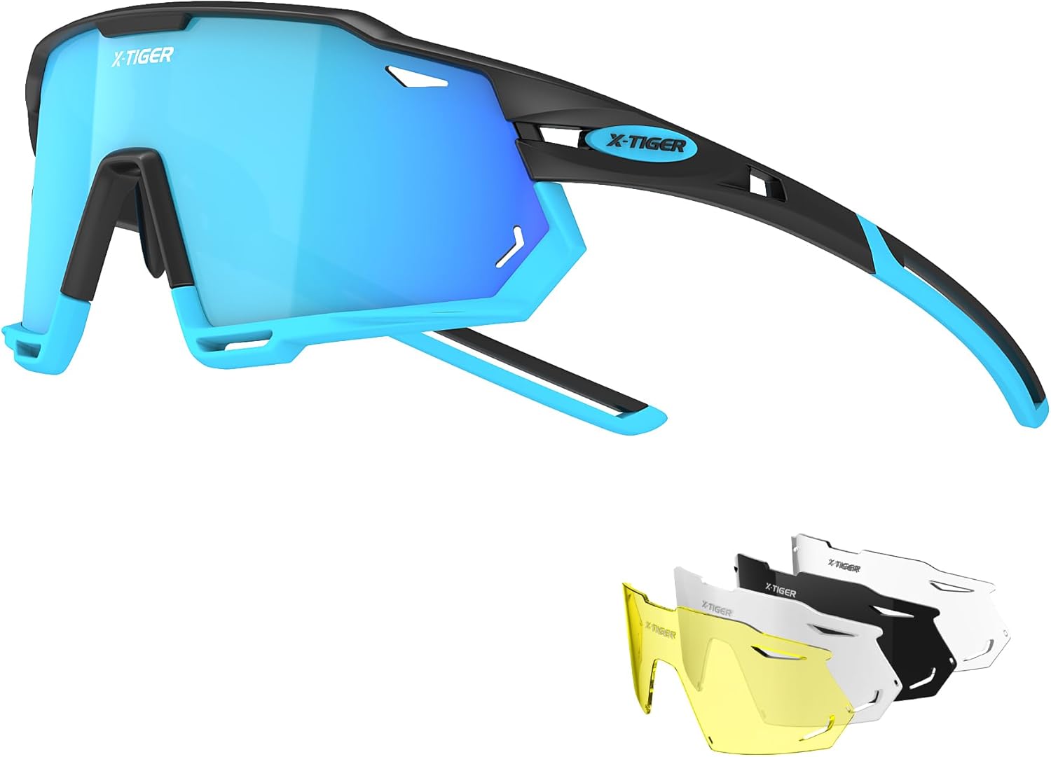 X-TIGER Lunettes de Cyclisme Lunettes de VTT Homme, Lunettes de Vélo avec 5 Lentilles Interchangeables Protection UV400, Montures TR90 résistantes au Stress, Pour Pêche Conduite Running Bicyclettes xts04-5