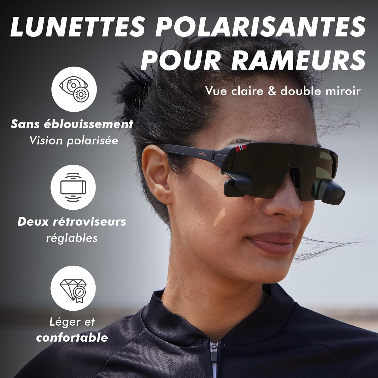 View Sport Lunettes de soleil polarisées homme femme – Lunettes de vélo avec rétroviseur intégré, monture TR90 légère, protection UV400 Fumée Polarisée S