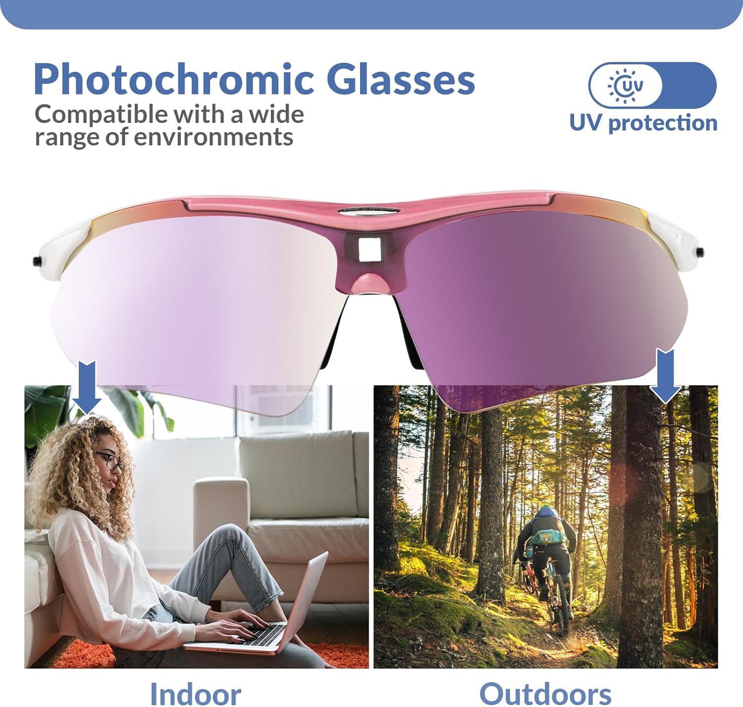 Lunettes de Cyclisme Photochromiqeus pour Hommes Femmes, Lunettes VTT de Soleil UV400 Protection, Lunettes de Sports Ultra-légère pour Vélo Coure Pêche Conduite Escalade Rose - verres roses