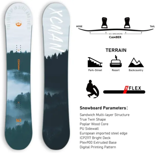 Pack Complet de Snowboard pour Homme XCMAN Cloudy Forest Premium : Snowboard + Fixations M2 + Bottes Tout-Terrain pour débutants Boot Size 42.5 163 cm