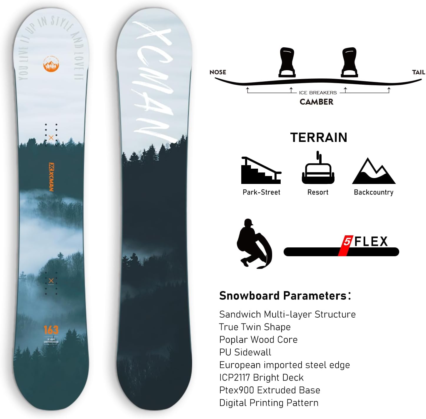 Pack Complet de Snowboard pour Homme XCMAN Cloudy Forest Premium : Snowboard + Fixations M2 + Bottes Tout-Terrain pour débutants Boot Size 42 154 cm