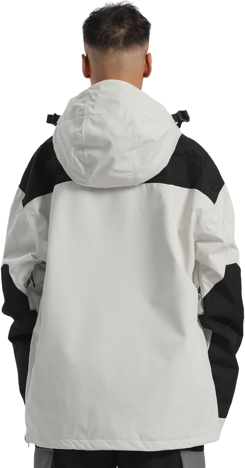Veste de Ski et Snowboard pour Homme - Multi-poches Ample Baggy Unisexe Imperméable Coupe-vent Respirant Chaud à Capuche L Blanc & Noir