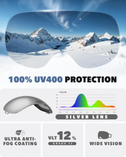 Findway Masque de Ski Magnetique, Lunettes de Ski Femme Homme Junior OTG pour Snowboard et Ski Anti-buée, Anti-UV 400, Lentille Sphérique A Argent/Blanc (VLT 10.2%) A3