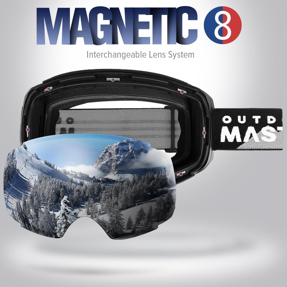 OutdoorMaster Masque de Ski Pro - Lunettes de Ski Frameless, Lentille Interchangeable 100% Protection UV400 Masques de Snowboard pour Hommes & Femme,Garçons et Filles A0-cadre Noir Lentille Argent Revo Vlt10%