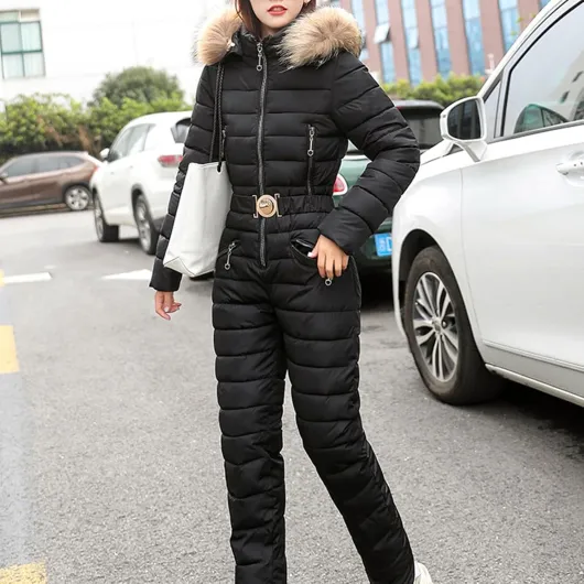 Vêtement de ski pour femme - Combinaison de ski une pièce - Combinaison chaude pour l'hiver - Ensemble de ski - Combinaison de ski d'extérieur - Combinaison de ski avec capuche et fermeture Noir XXL