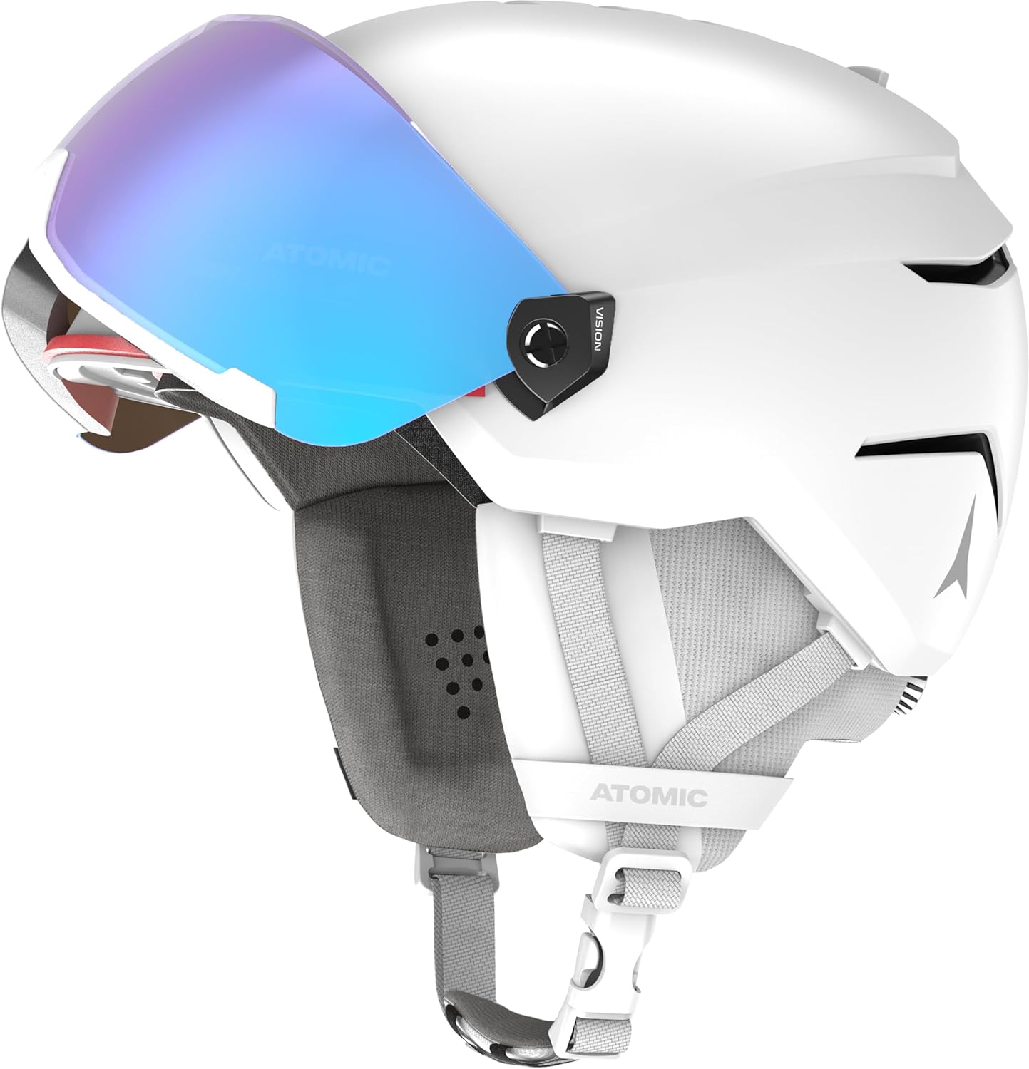 Atomic Casque de Ski stéréo Savor Visor avec visière - Absorption maximale des Chocs - Système de Ventilation Active Aircon - Miroir de qualité supérieure pour Une Vision Claire 55-59 cm Blanc