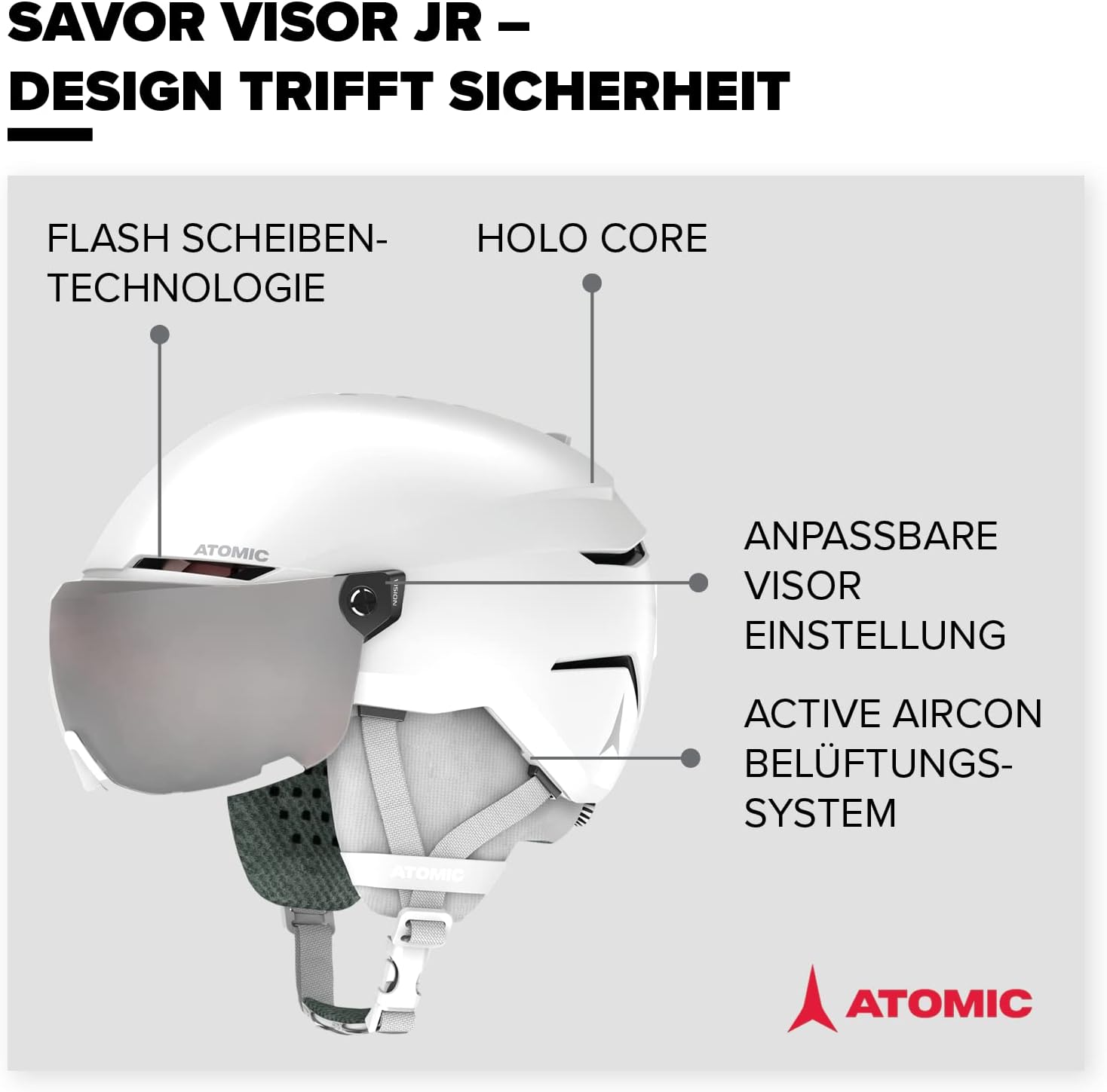Atomic Savor Visor JR Casque De Ski Avec Visière, Blanc, Taille S, Enfant Et Adolescent, Absorption Maximale Des Chocs, Ventilation Active Aircon, Masque À Miroir Haut De Gamme, 51-55 cm