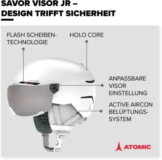 Atomic Savor Visor JR Casque De Ski Avec Visière, Blanc, Taille S, Enfant Et Adolescent, Absorption Maximale Des Chocs, Ventilation Active Aircon, Masque À Miroir Haut De Gamme, 51-55 cm