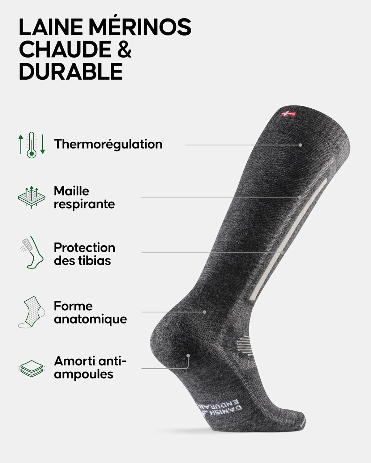 Chaussettes de Ski Thermiques en Laine Mérinos, Chaudes, Protège-tibias, pour Hommes et Femmes, 1 Paire 39-42 Gris