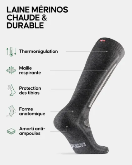 Chaussettes de Ski Thermiques en Laine Mérinos, Chaudes, Protège-tibias, pour Hommes et Femmes, 1 Paire 39-42 Gris