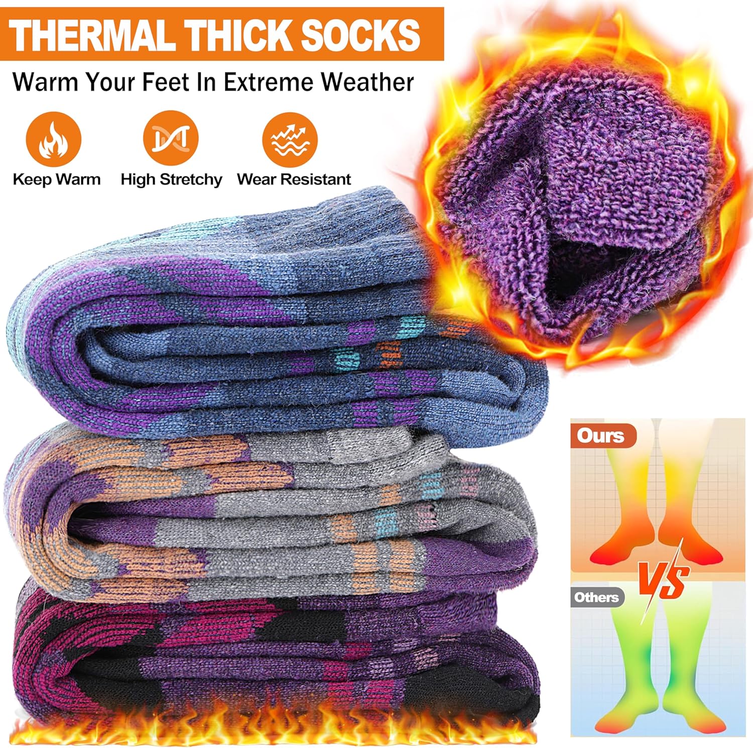 Welwoos Chaussettes de ski en laine mérinos, thermiques, épaisses, de compression, respirantes, en 3 paires - Bleu/Violet/Gris 36-42