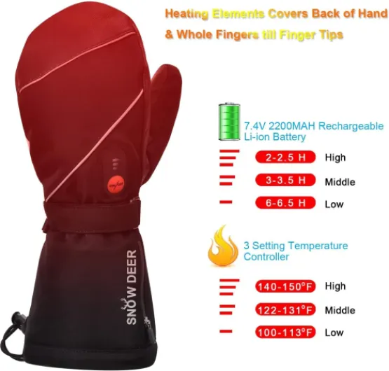 Gants Chauffants 7.4V 2200mAh Rechargeable pour Ski, Hommes Femmes, Hiver, Motards, Neige, Camping, Randonnée - Chauffe-Mains XL