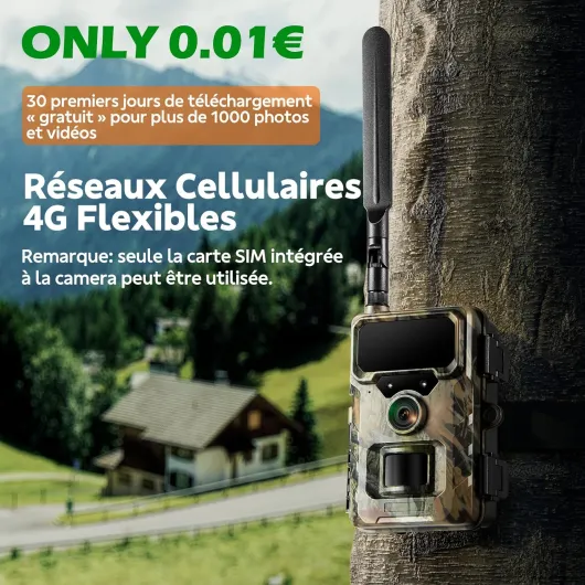 Camera de Chasse 4G, 1080P HD 32MP Caméra de Chasse avec Carte SIM et App, Camera Chasse Connectée Telephone Infrarouge Nocturne 2Pcs 850nm LEDs Détecteur de Movement IP66 Étanche 1 pack