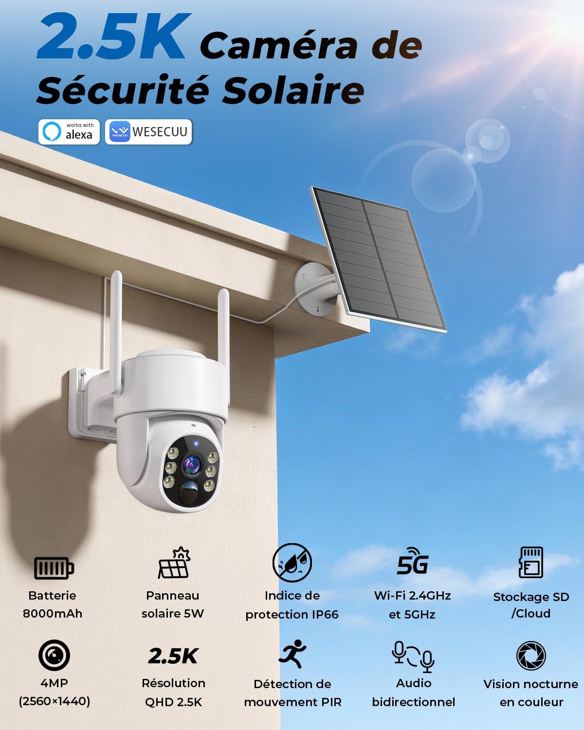 Camera Surveillance WiFi Exterieure sans Fil Solaire 2.5K 4MP avec Panneau Solaire 5W, 2K QHD, Batterie 8000mAh, 2.4G et 5GHz Wi-FI, 360° PTZ Suivi Automatique, IP66, PIR Détection Blanc - Lot de 2