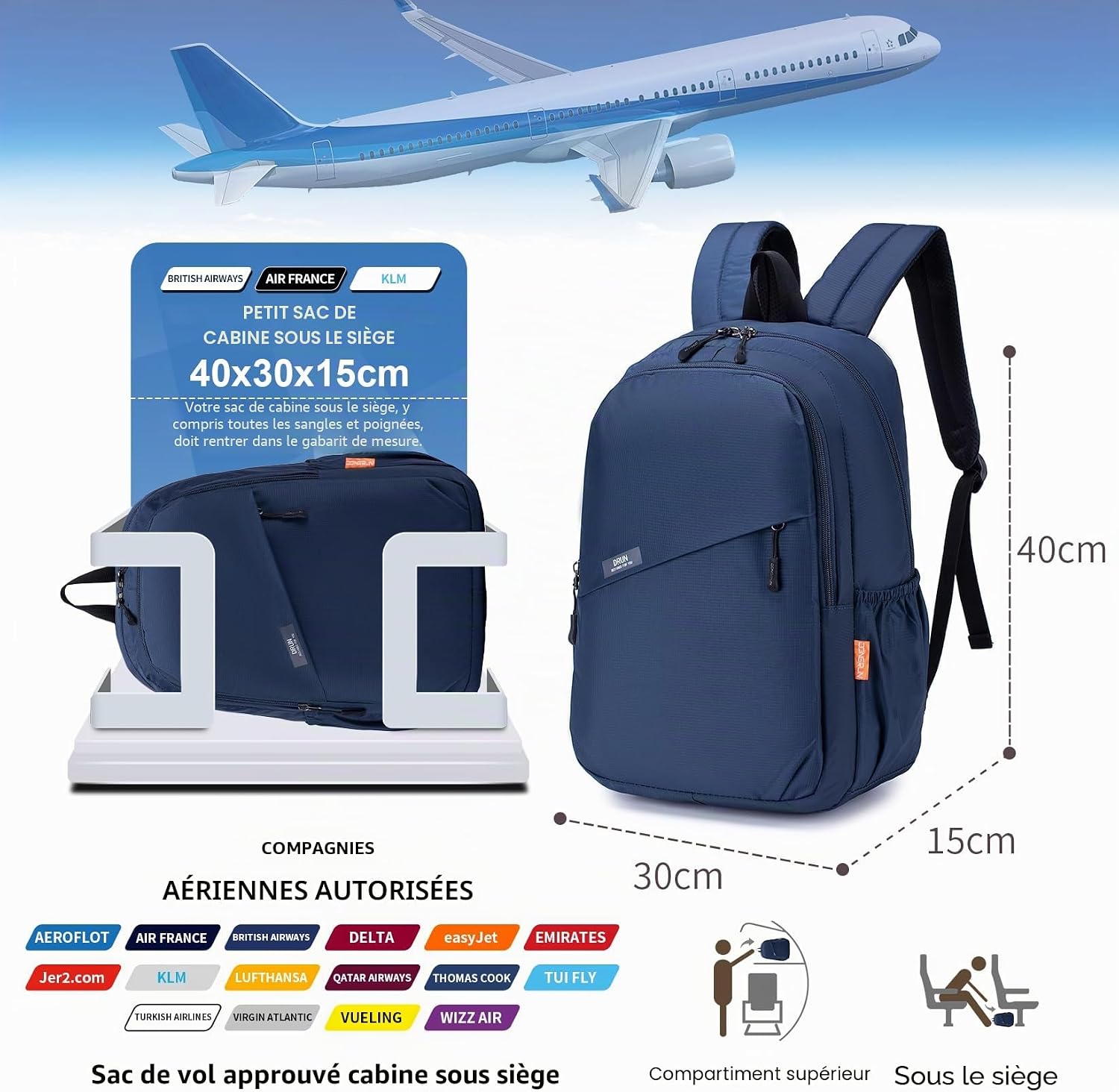 40x30x15cm Air France British Airways Wizzair Sac a Dos Voyage Bagage Cabine Avion Vueling sous Le Siege, Imperméable Nylon Sac à Dos Ordinateur Portable 14 Pouces pour Femme Homme Bleu Marine