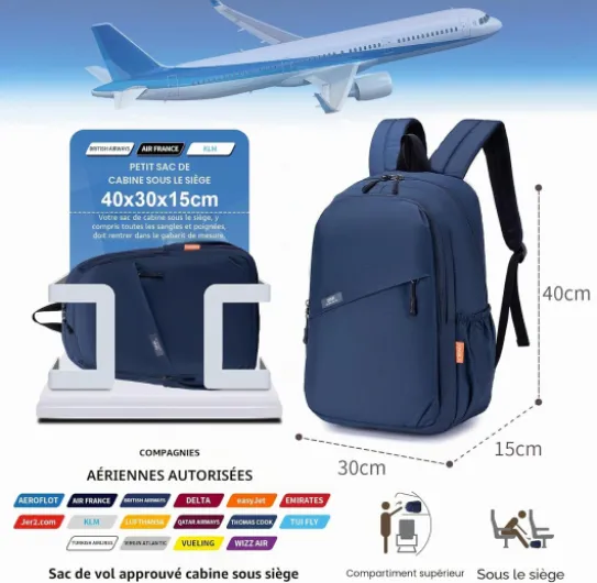40x30x15cm Air France British Airways Wizzair Sac a Dos Voyage Bagage Cabine Avion Vueling sous Le Siege, Imperméable Nylon Sac à Dos Ordinateur Portable 14 Pouces pour Femme Homme Bleu Marine