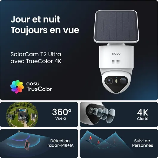 4K Caméra Surveillance WiFi Extérieure sans Fil,8MP Camera Exterieur Solaire,Vision Nocturne TrueColor,Triple Détection (PIR+Radar+IA),Suivi Automatique à 360°,Alarme Sonore et Lumineuse