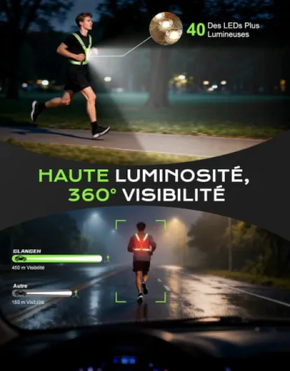 Gilet Reflechissant Running Super Lumineux, Lampe Running Pectorale 360°Visible, Alternative au Lampe Frontale, Ajustable Gilet de Sécurité pour Adulte, Course/Cyclisme/Jogging Nocturne