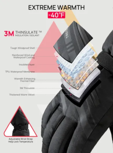 TRENDOUX Gants de Ski Thermiques Imperméables: Gants Hiver Chaud avec Écran Tactile par Temps Extrêmement Froid pour Homme Femme, Doublure Chauffants Coupe-Vent pour Snowboard Moto Cyclisme L Noir