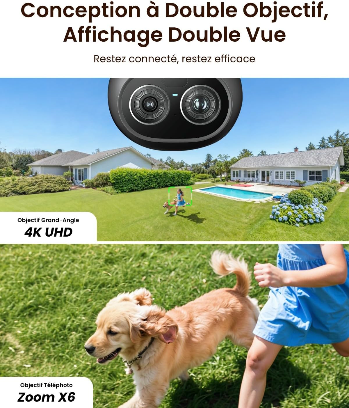 Camera Surveillance WiFi Exterieure, 4K Double Objectif, PTZ 360°, Zoom x6, Projecteur 3000 Lumens, Wi-FI 6, Détection Intelligente, Recherche Vidéo IA Locale, TrackFlex Floodlight WiFi Blanc-floodlight