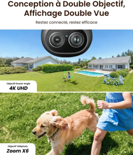 Camera Surveillance WiFi Exterieure, 4K Double Objectif, PTZ 360°, Zoom x6, Projecteur 3000 Lumens, Wi-FI 6, Détection Intelligente, Recherche Vidéo IA Locale, TrackFlex Floodlight WiFi Blanc-floodlight