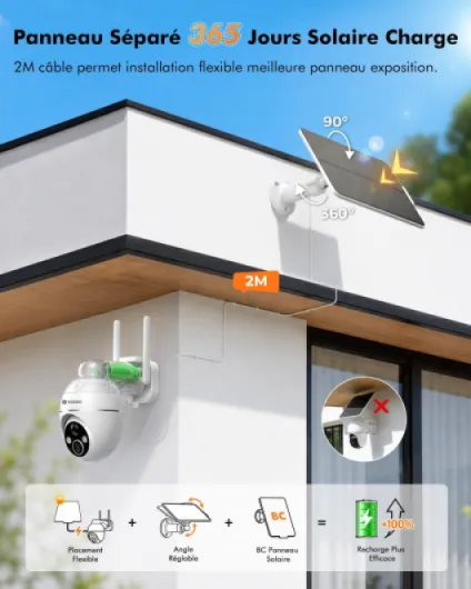 2K Camera Surveillance WiFi Exterieure Sans Fil Solaire, Caméra Extérieure Solaire 360° PTZ, avec Panneau Déporté 2M, Vision Nocturne Couleur, Détection PIR, Audio 2 Voies, 2,4 GHz, IP66 Blanc