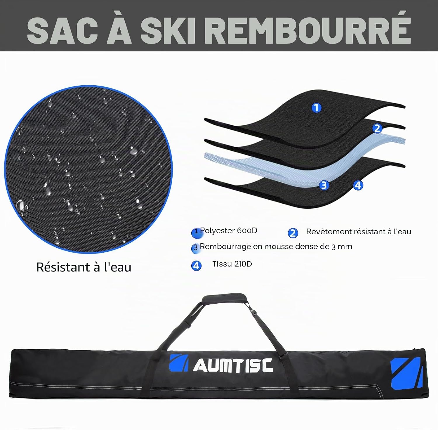 Housse Ski Rembourrée,Sac Ski - Sac de Ski et Chaussures avec Longueur Réglable jusqu'à 200 cm - Parfait pour Skis, Bottes et Casques Rembourré Bleu