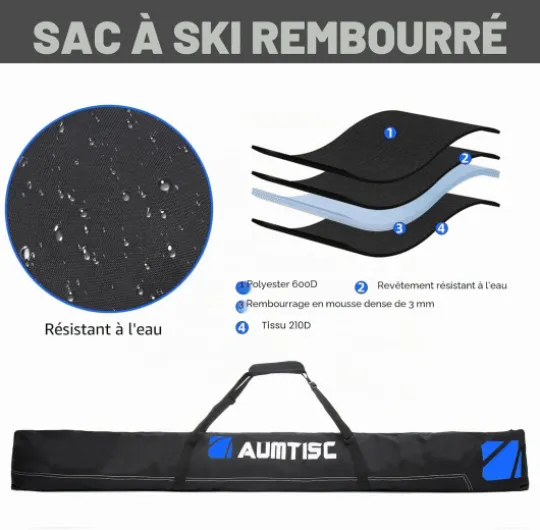 Housse Ski Rembourrée,Sac Ski - Sac de Ski et Chaussures avec Longueur Réglable jusqu'à 200 cm - Parfait pour Skis, Bottes et Casques Rembourré Bleu
