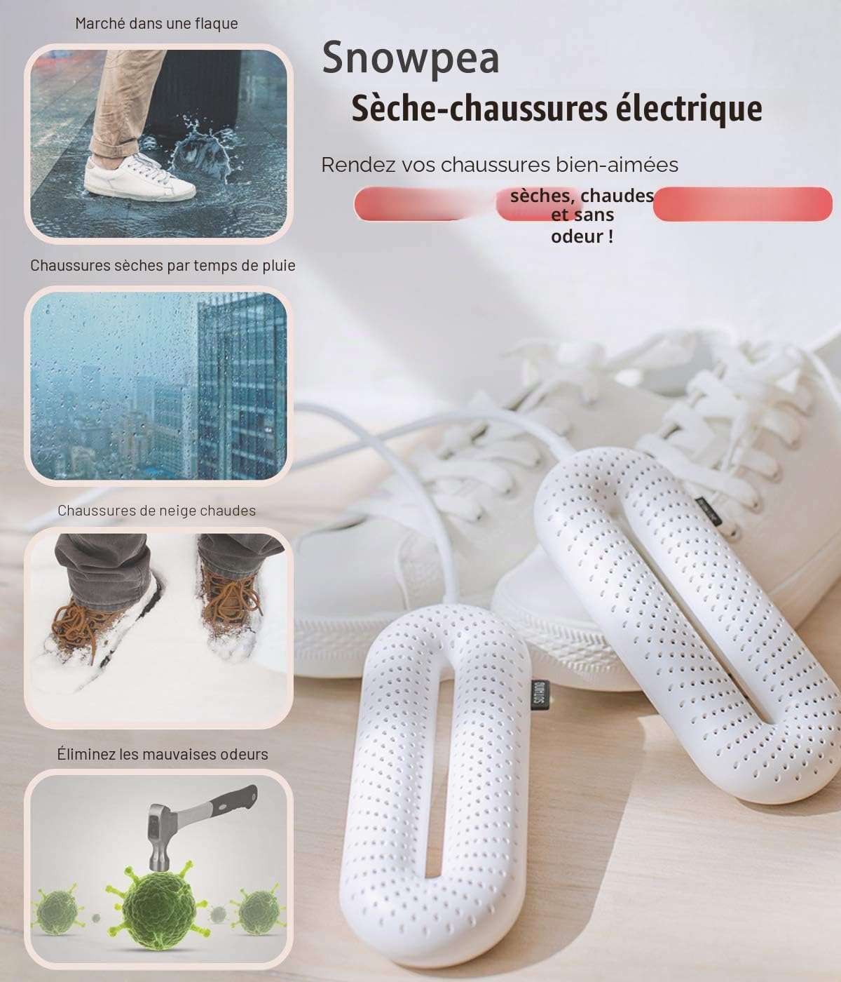 Snowpea Séche-Chaussures De Ski, Sèche-Bottes, Chauffe-Bottes, Séchez Les Chaussures en Sueur et éliminez Les Mauvaises Odeurs, Arrêt Auto Minuté (Blanc, Prise EU, 220V-50Hz) régulier-blanc
