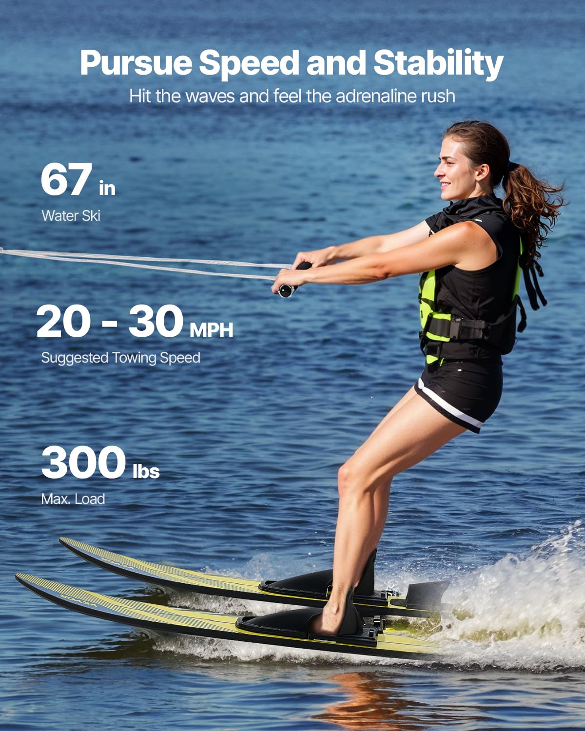 Combo Skis Nautiques 170,2 cm, Matériels de Ski Nautique pour Adultes avec Fixations Réglables X-9 en Fer à Cheval et Plaque d'orteil Arrière Rembourrée, Revêtement UV Brillant, Sport sur l'eau